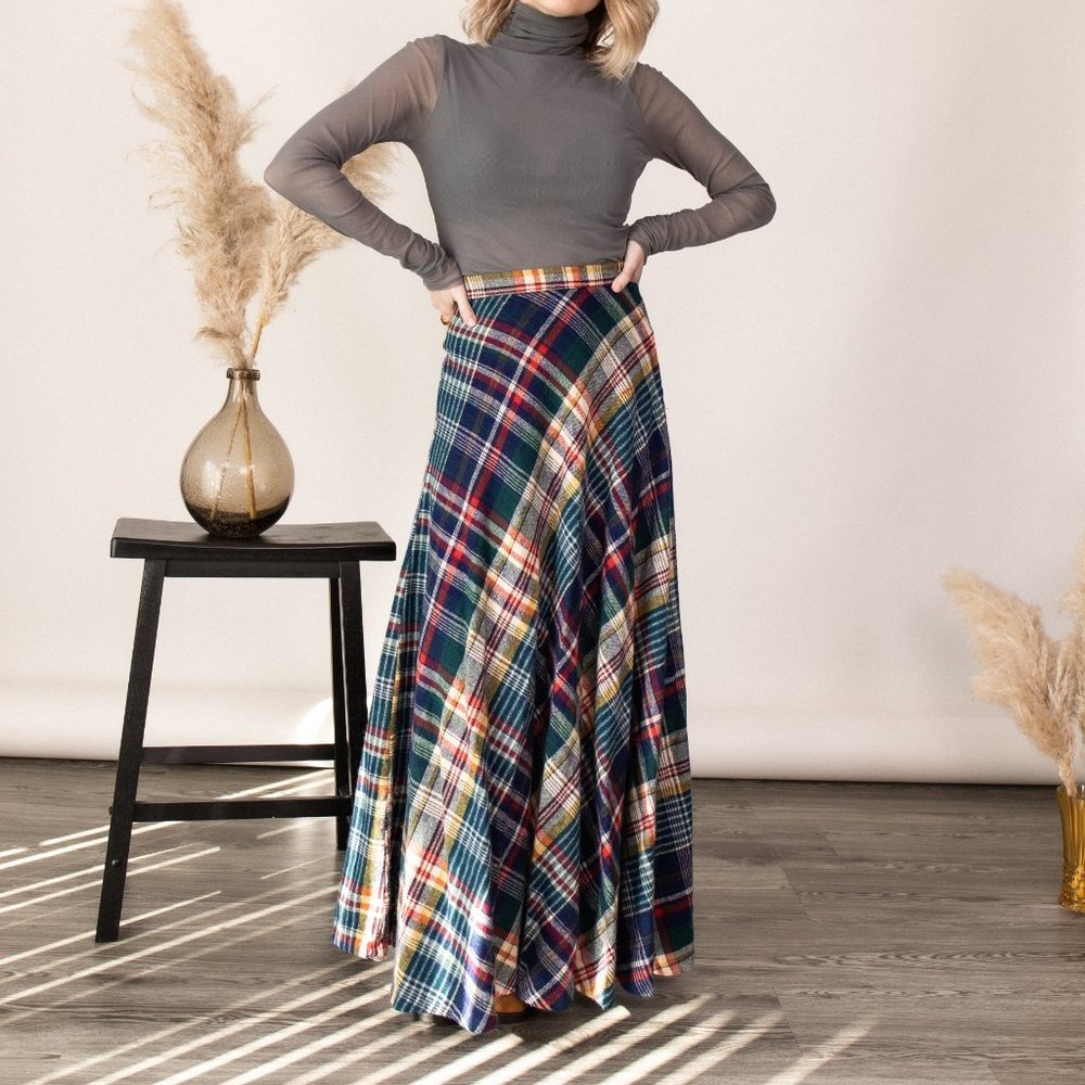 Vintage 70s tartan plaid wool pleated maxi skirt - Picture 7 of 12